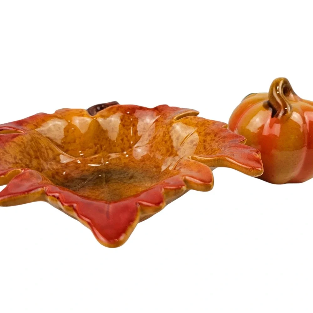 Ceramic Fall Decor Set‎ Pumpkin Candy Dish Leaf Bowl Autumn Harvest Decor